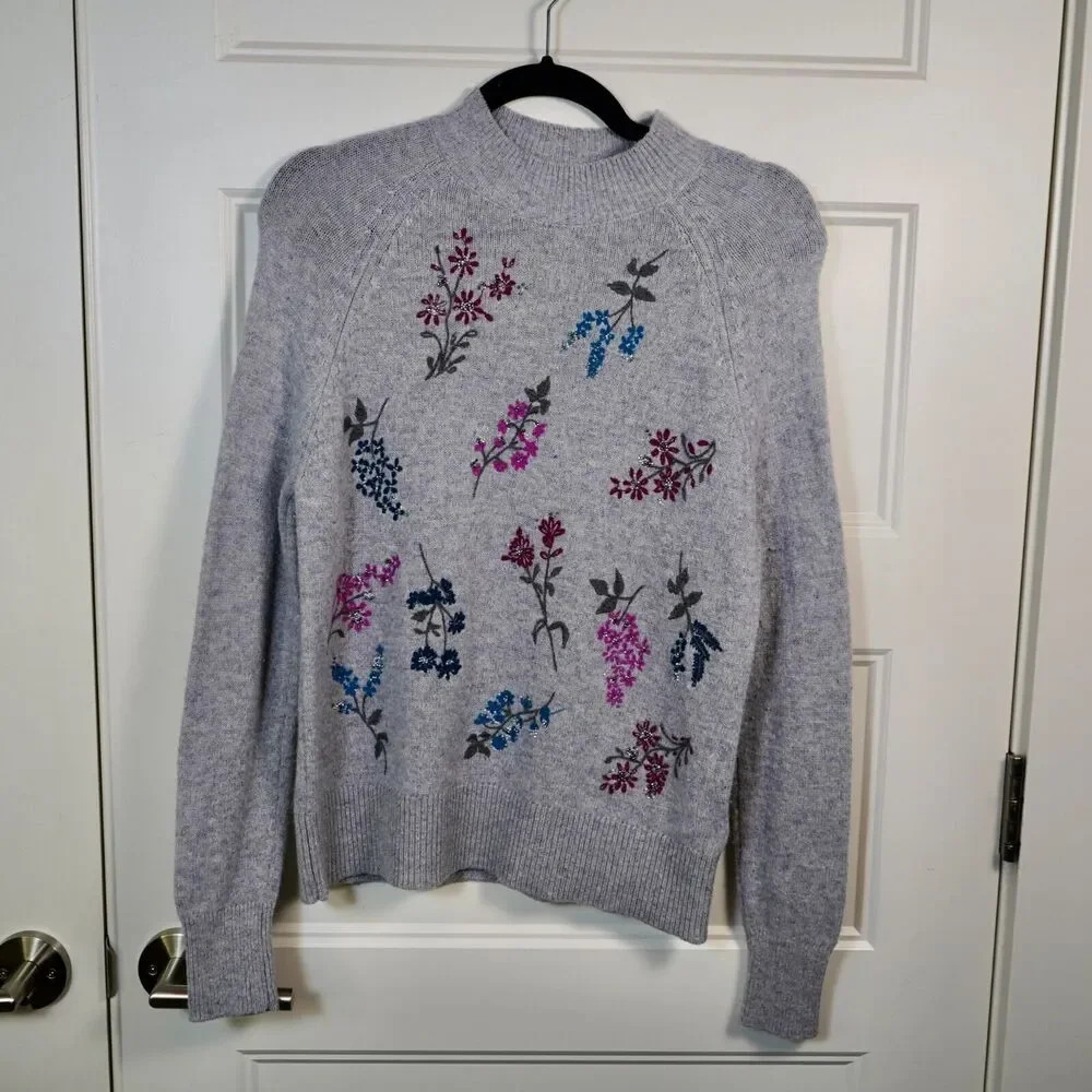 WoolOvers Women’ Sweater‎ Lambswool Flower Embroidered Knitted Size S
